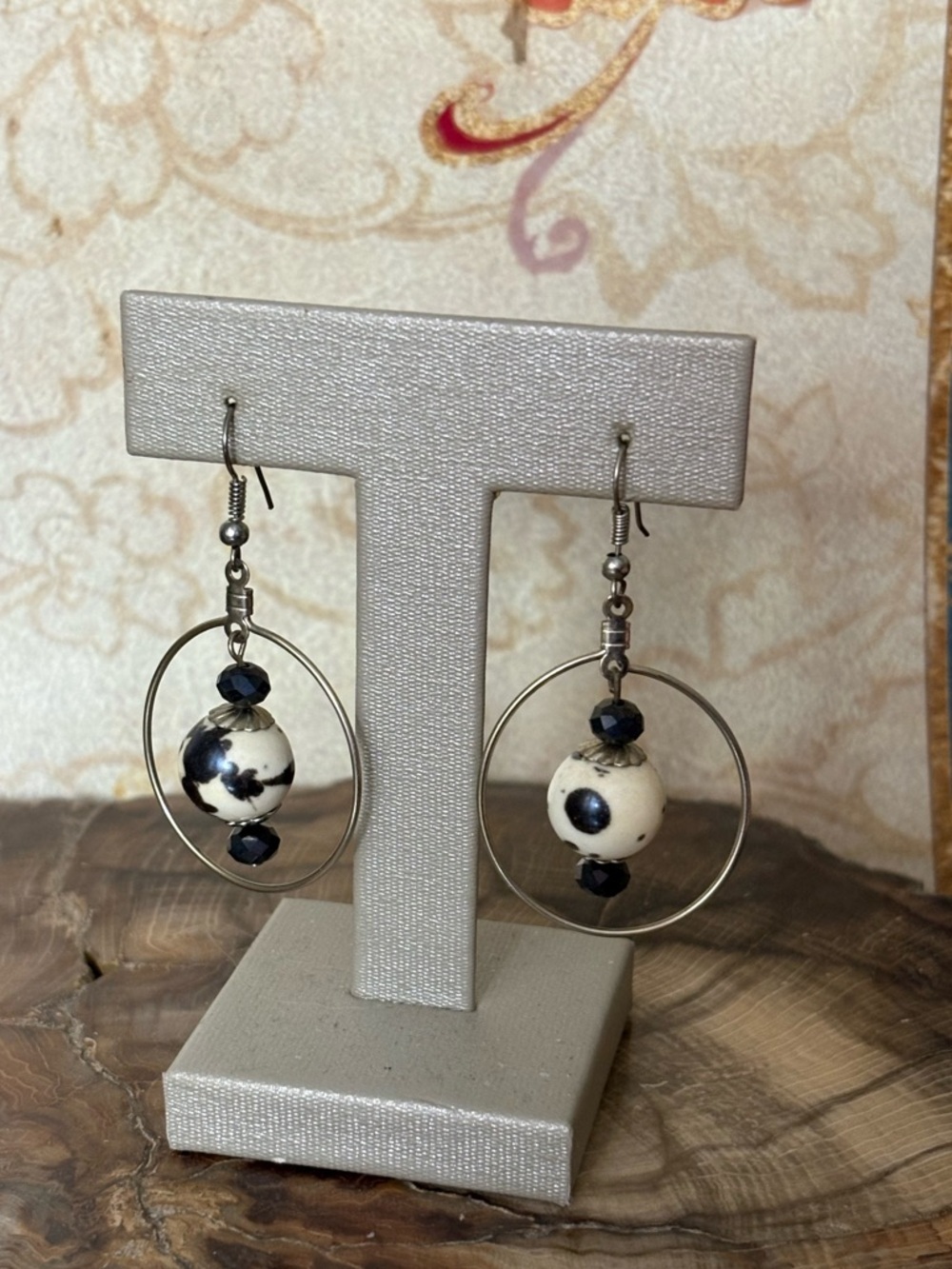 Sterling Silver Hoop Black/White Beaded Earrings